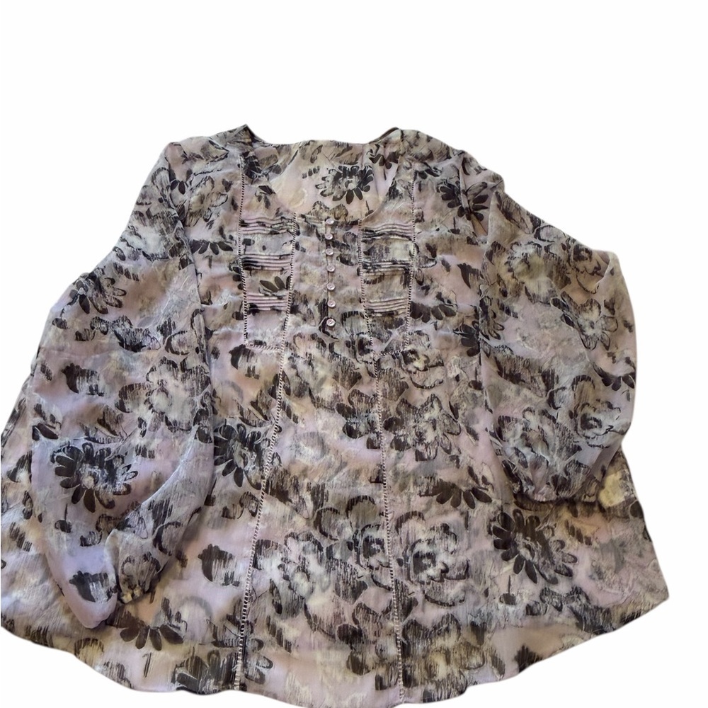 DC Jeans Floral Patterned Baby Doll Blouse-NWT-Pale Lilac/Black-Sheer-Size X/XL